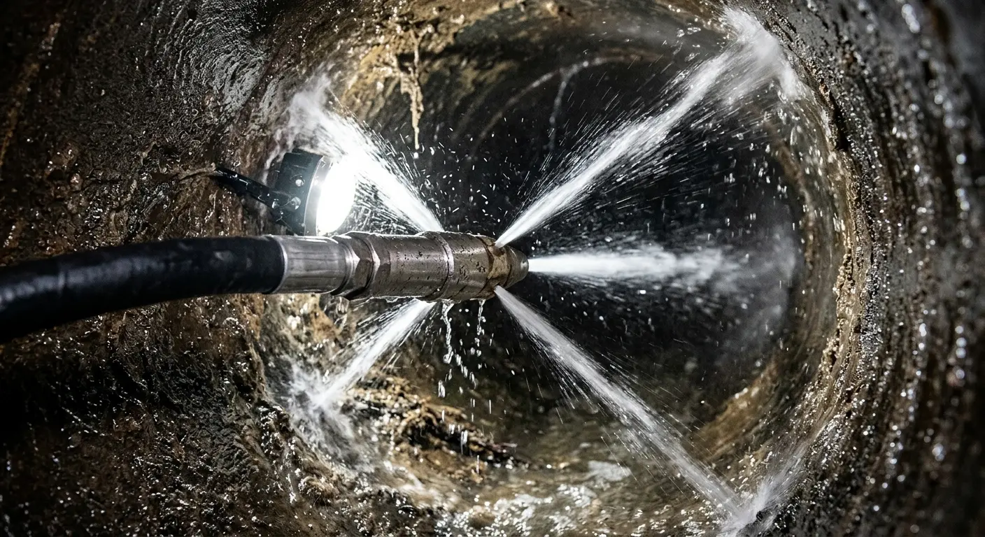 High-pressure hydro jetting nozzle cleaning sewer pipe for Emergency Drain Service in Mims