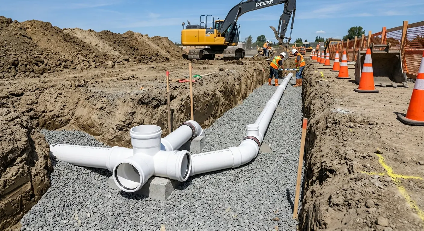 New PVC sewer pipe installation in open trench for Commercial Drain Cleaning in Mims